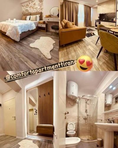 twee foto's van een slaapkamer en een hotelkamer bij Comfort Apartment Tirane in Tirana