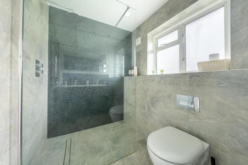 a bathroom with a toilet and a shower at Wembley Stadium 5 Bed House in Wembley
