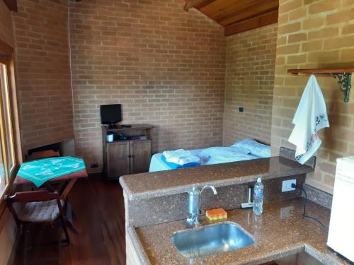 - une cuisine avec évier et un lit dans une chambre dans l'établissement Chalé Recanto Lobo Guará, à Gonçalves