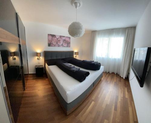 a bedroom with a large bed and a television at WEF Appartement in Davos