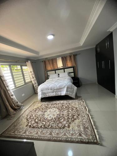 ein Schlafzimmer mit einem Bett und einem großen Teppich in der Unterkunft Lemajy Apartments in Solwezi