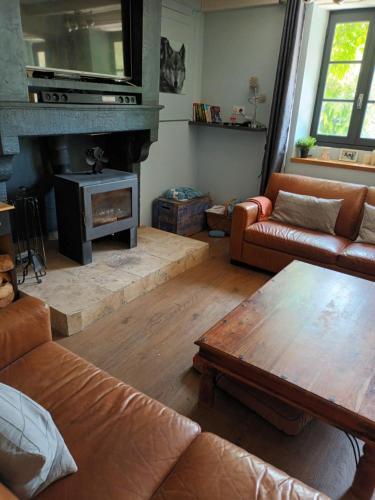 ein Wohnzimmer mit Sofa und Kamin in der Unterkunft La Lavande in Nuaillé-sur-Boutonne