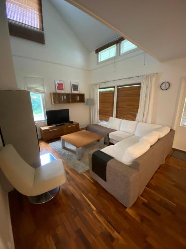 伊馬特拉的住宿－Saimaa Houses，客厅配有沙发和桌子