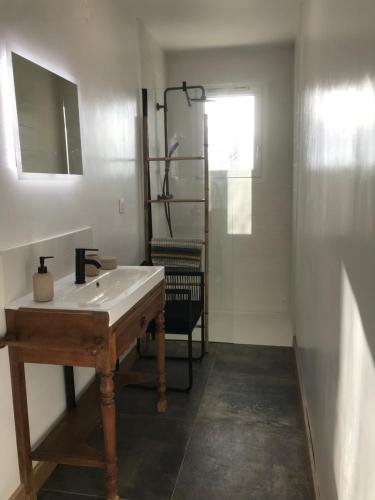 a bathroom with a sink and a mirror at Maison de vacances 10 personnes, La Tremblade in La Tremblade