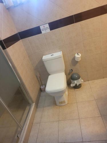 a bathroom with a white toilet in a stall at Executive Studio Apartment in East Legon