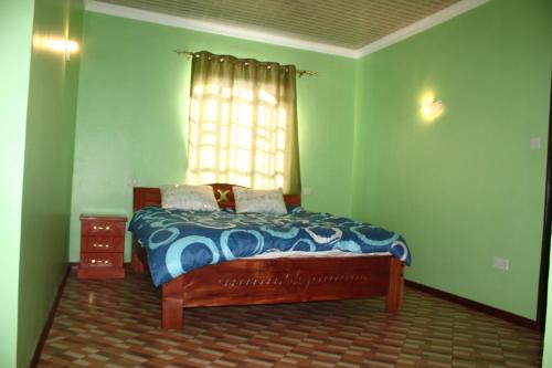 Ce lit se trouve dans une chambre verte dotée d'une fenêtre. dans l'établissement Ms Safari, à Thika