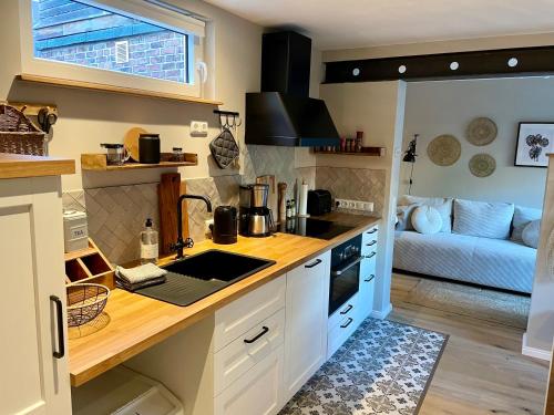 新城荷斯坦的住宿－Neue Hafenliebe，厨房配有带水槽的柜台和沙发。