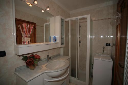 a bathroom with a sink and a toilet and a mirror at Residence Valfassa in Canazei