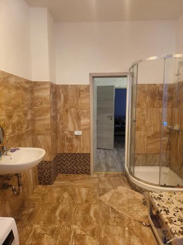 a bathroom with a shower and a sink at 3 Apartments Angels o k b in Altenburg