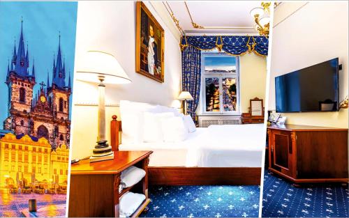 2 foto di una camera d'albergo con letto e TV di Hotel General Old Town Prague a Praga