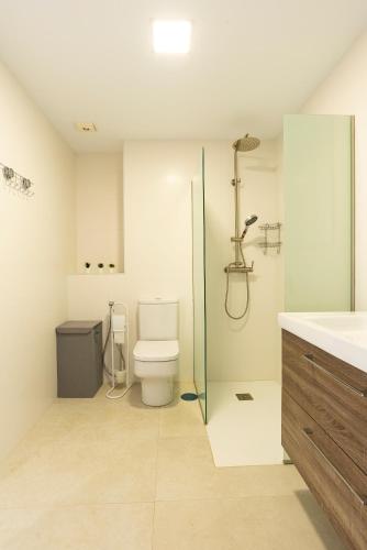 a bathroom with a toilet and a shower and a sink at Seafront Luxury Penthouse Torrox Costa in Torrox