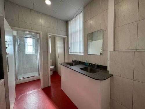a bathroom with a sink and a toilet and a mirror at Spacious City Haven Chic & Modern in Birmingham