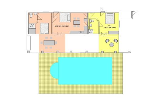 uma planta de uma casa com piscina em Gîte Rozies Dunes 6 p em Dunes