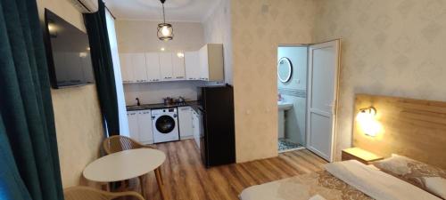 a small kitchen with a washer and dryer in a room at Guest House Alazani Valley in Sighnaghi
