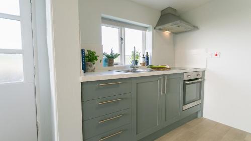 a kitchen with green cabinets and a sink at Ty Cwyfan in Aberffraw