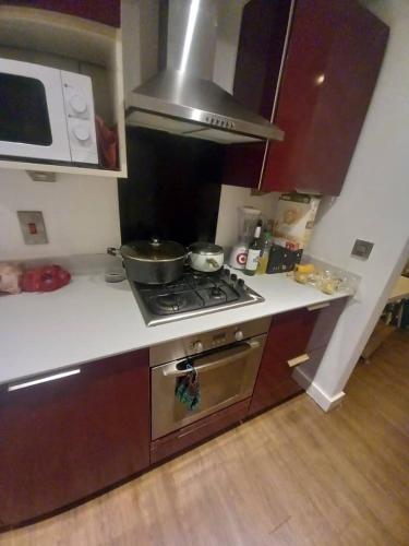 a kitchen with a stove and a microwave at Deve home in Manchester