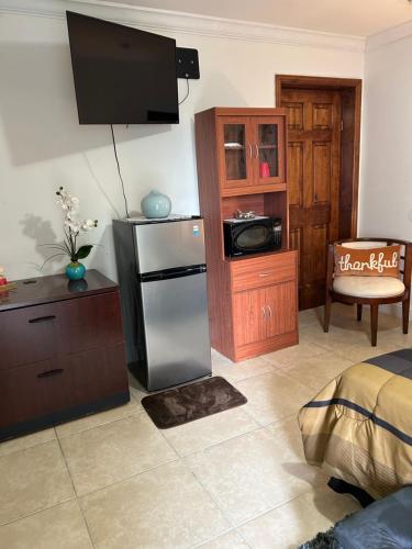 a living room with a refrigerator and a tv at Paradise in Miami
