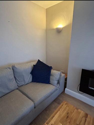 a couch with blue pillows in a living room at Cosy yet spacious bungalow in Saughall