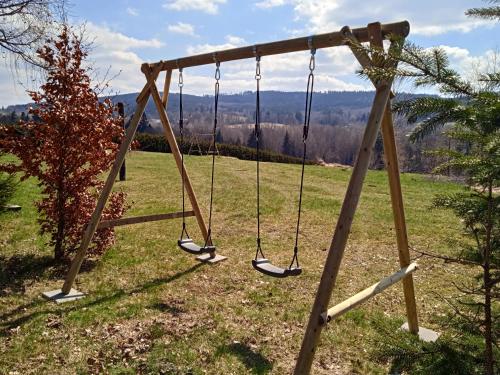 an empty swing set in a field with a view at Srub Javorná - apartmány Šumava in Javorná