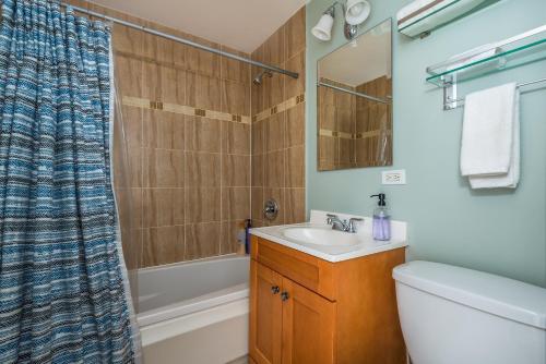 y baño con lavabo, aseo y ducha. en The Bright Retreat in Andersonville, en Chicago