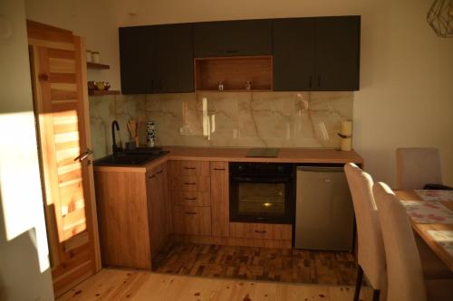 a kitchen with wooden cabinets and a counter top at Planinska kuća Srna in Bajina Bašta