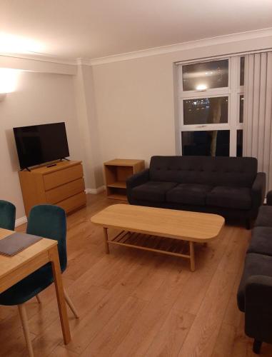 a living room with a couch and a coffee table at Two bedroom modern flat near central London in London