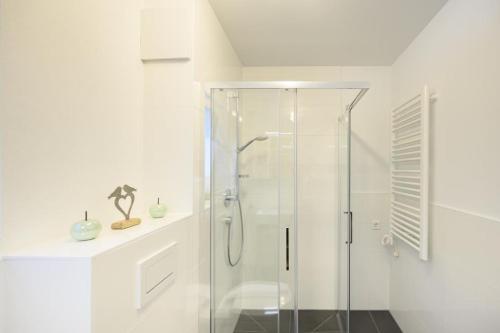 bagno bianco con box doccia in vetro di Ferienwohnung Am Kofel a Oberammergau