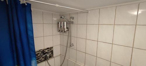 a bathroom with a shower with a blue shower curtain at Studio Ferienwohnung Untergeschoss in Ostrach