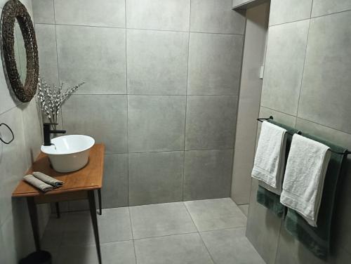 La salle de bains est pourvue d'un lavabo et d'une douche. dans l'établissement Bly 'n Bietjie Ceres, à Ceres
