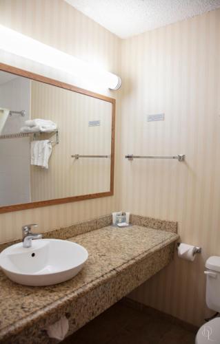 a bathroom with a sink and a mirror and a toilet at All Stay Suites in Westlock