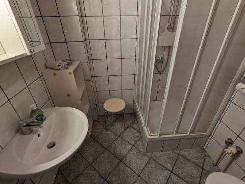 a small bathroom with a sink and a shower at Haus Ruhewinkel, Bungalow 2 in Alkersum