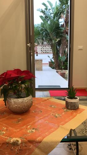 uma mesa com dois vasos de plantas em cima dela em La Mimosa Case Vacanze em Marsala