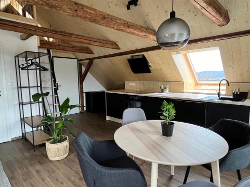 a kitchen and dining room with a table and chairs at Sáňky Apartmány in Liberec