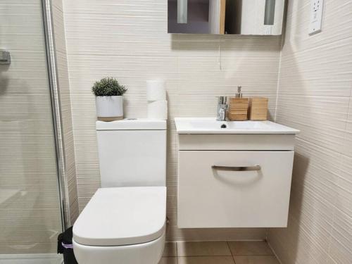 a bathroom with a toilet and a sink at Horizon House, Luxury 2-Bedroom Ground floor flat, Parking, WiFi, Netflix in Oxford
