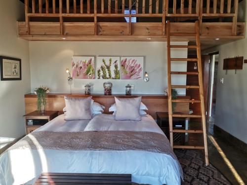 a bedroom with a bed with a wooden bunk ladder at Paradise Cove in Victoria Bay