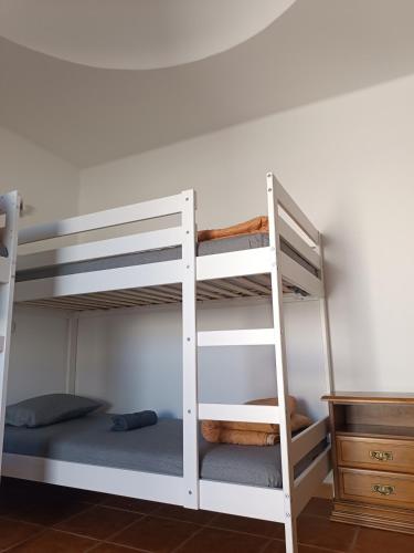 a bedroom with two bunk beds and a desk at MOANA SURF HOUSE in Corralejo