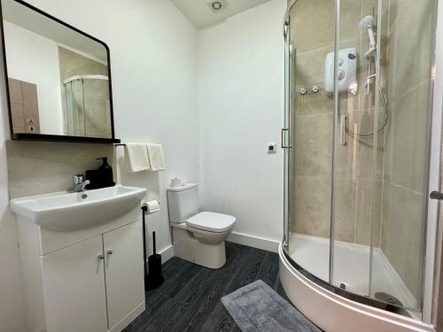 a bathroom with a shower and a sink and a toilet at Seafarers Stays in Southampton