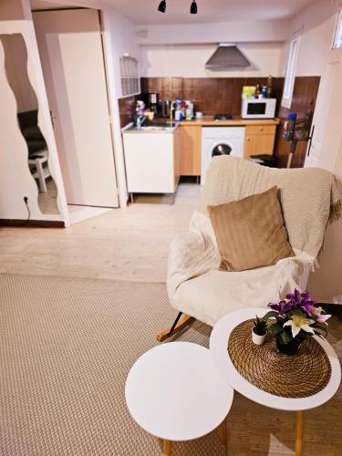 un salon avec une chaise et une table dans l'établissement Appartement à proximité de la Gare du RER B Le Guichet ,Paris Saclay, à Orsay