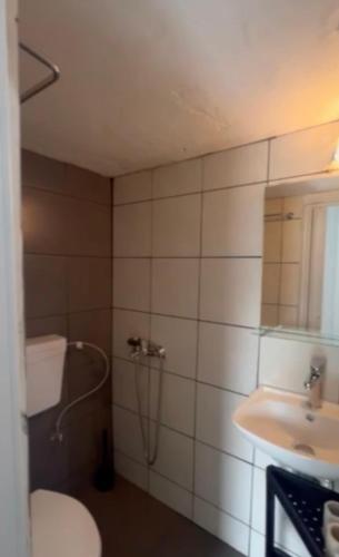 a bathroom with a shower and a toilet and a sink at Chalkidiki Apartment Kallikratia Maria in Nea Kalikratia