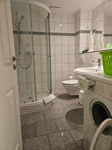 Un baño con ducha y WC y una lavadora. en Waldhof Golf-Fewo, en Korswandt