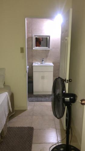 a room with a bathroom with a sink and a fan at Hidden oasis in Mandeville