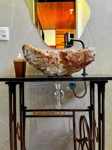 a bathroom with a stone sink and a mirror at HOSTEL BADULACK in Capitólio