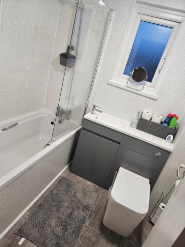 a bathroom with a toilet and a sink and a shower at Pinewood House Grimsby in Bradley