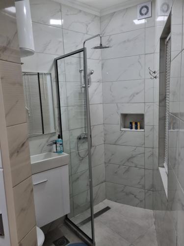 e bagno con doccia, servizi igienici e lavandino. di Apartments Deni a Mostar