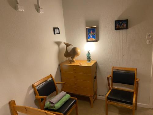 Habitación con 2 sillas, vestidor y lámpara. en Fristad Hostel Vitsand en Gunsjögården