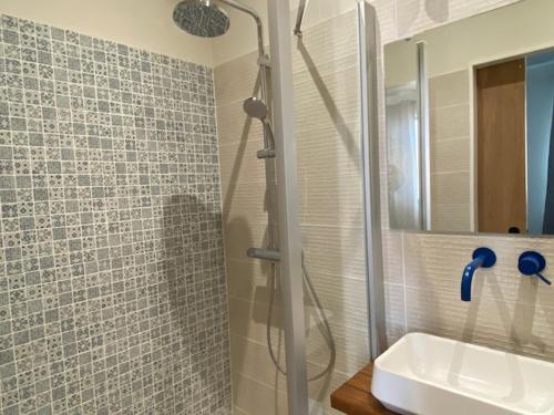 une salle de bain avec douche et lavabo dans l'établissement Maison entre port et plage, à Mèze