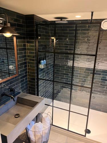 a bathroom with a glass shower with a sink at Wilder Retreats - A Frame Cabins in Haverfordwest