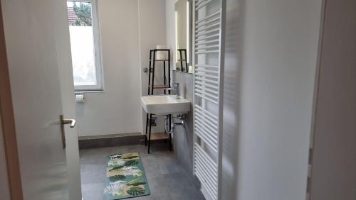 a bathroom with a sink next to a window at Archipel Homes neu & modern, zentral, nähe Hamburg und Lüneburg in Geesthacht