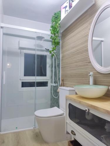 een badkamer met een wastafel, een toilet en een spiegel bij La cámara secreta de BelNi in Avilés