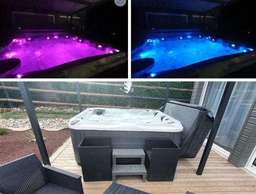 a swimming pool with a hot tub with led lights at Cottage de la mare aux chèvres in Reux